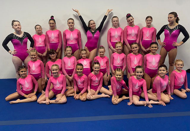 A large group of young gymnasts in pink and black leotards posing together on a blue gym mat.